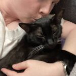 Woman kissing black cat.