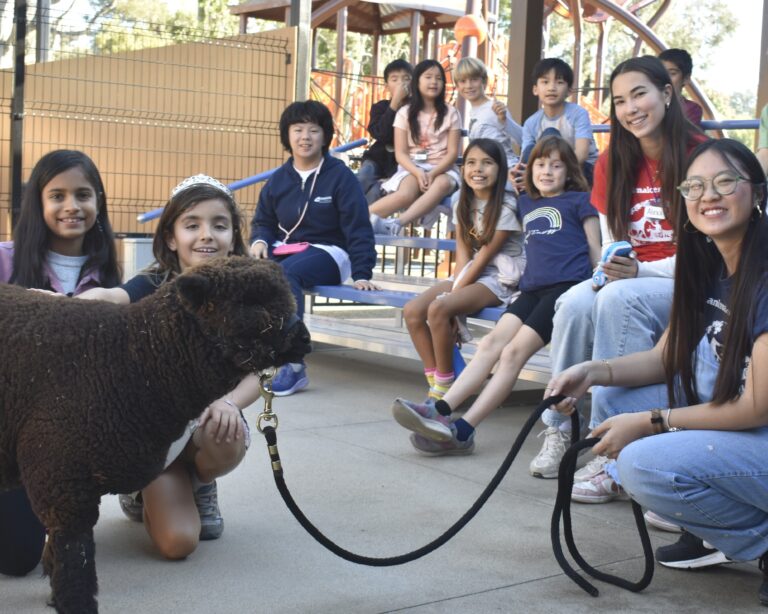 Children and instructors smiling at camera with a dark brown sheep.