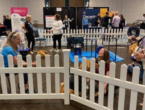 Volunteers and participants insie a puppy petting station at an event.
