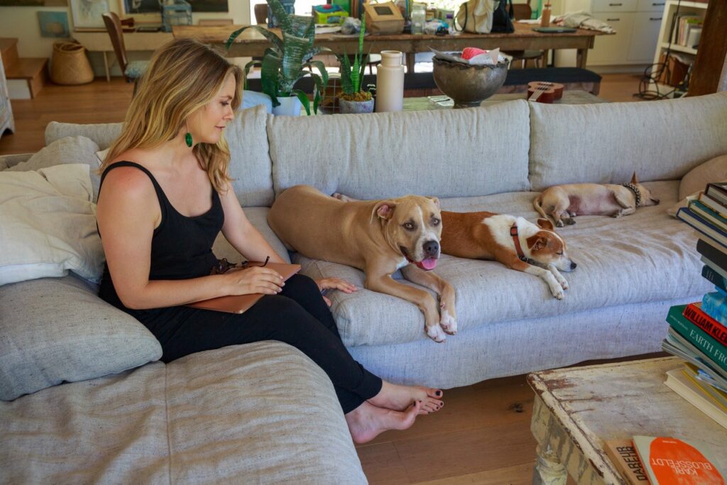 Alicia on sofa w/pets, no camera