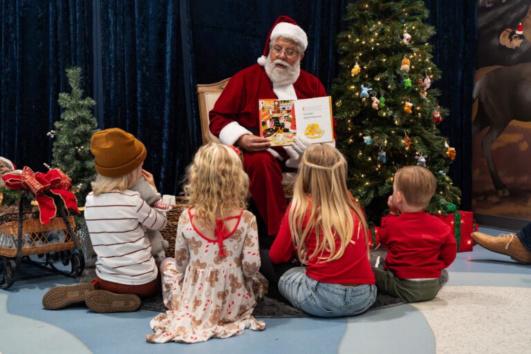 Santa Claus sitting in a chair reading a story to 4 young children that are sitting on the floor